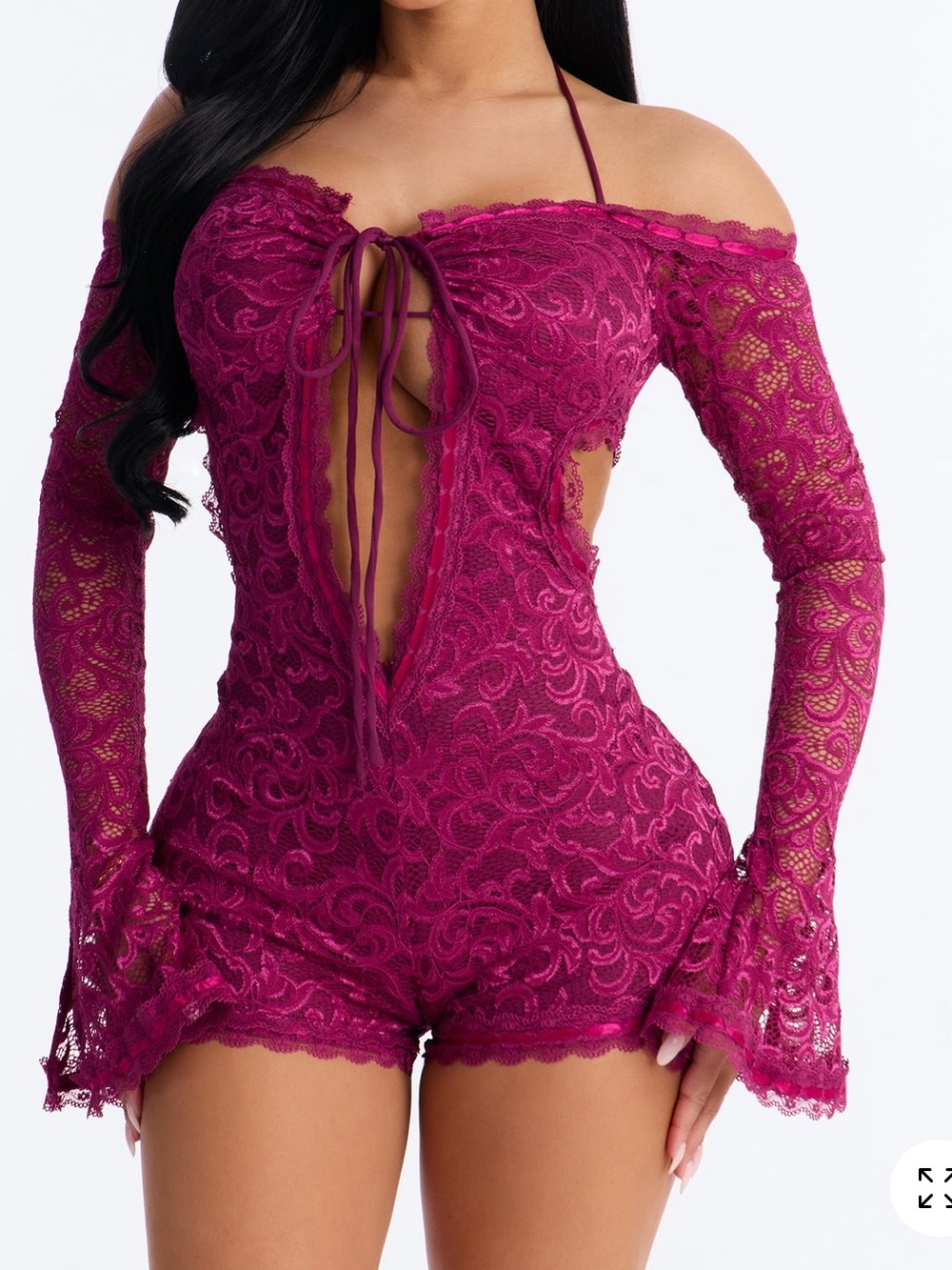 Fashion Nova Off-Shoulder Lace Romper in Magenta